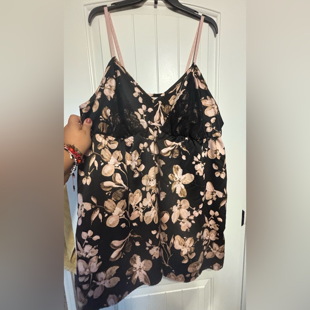 Cacique Black and Pink Floral and Lace Strap Baby Doll Lingerie, 22/24